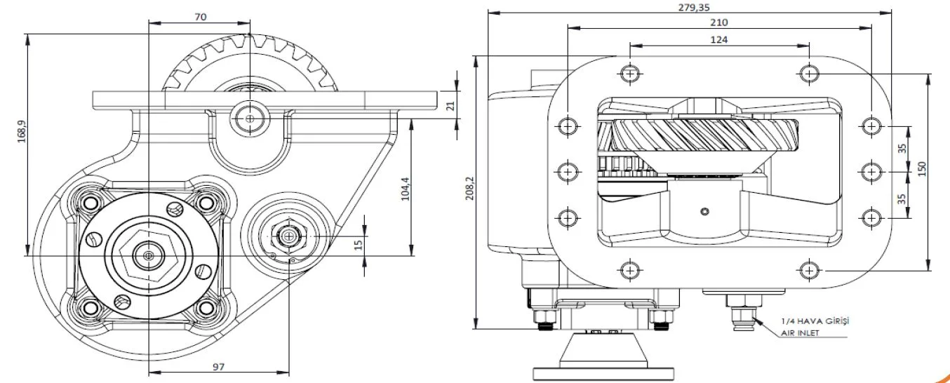 PTO 137 AD1 PTO teknik çizimi — kesit, ölçü ve montaj şeması