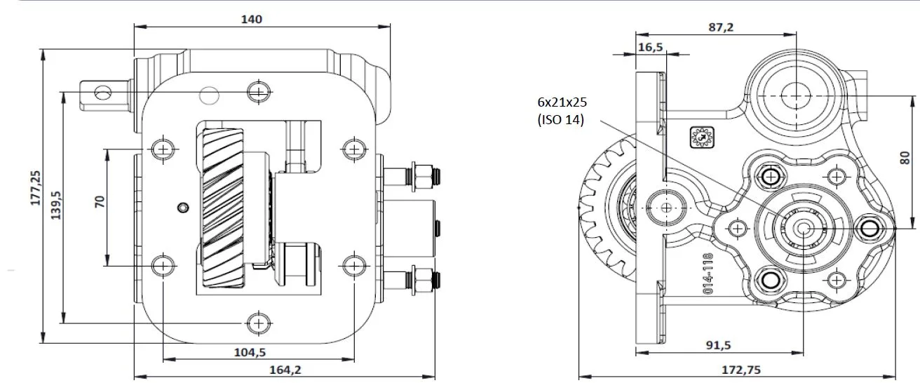 CTM 139 BC2 PTO teknik çizimi — kesit, ölçü ve montaj şeması