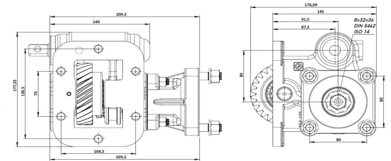 CTM 139 BC1 PTO teknik çizimi — kesit, ölçü ve montaj şeması