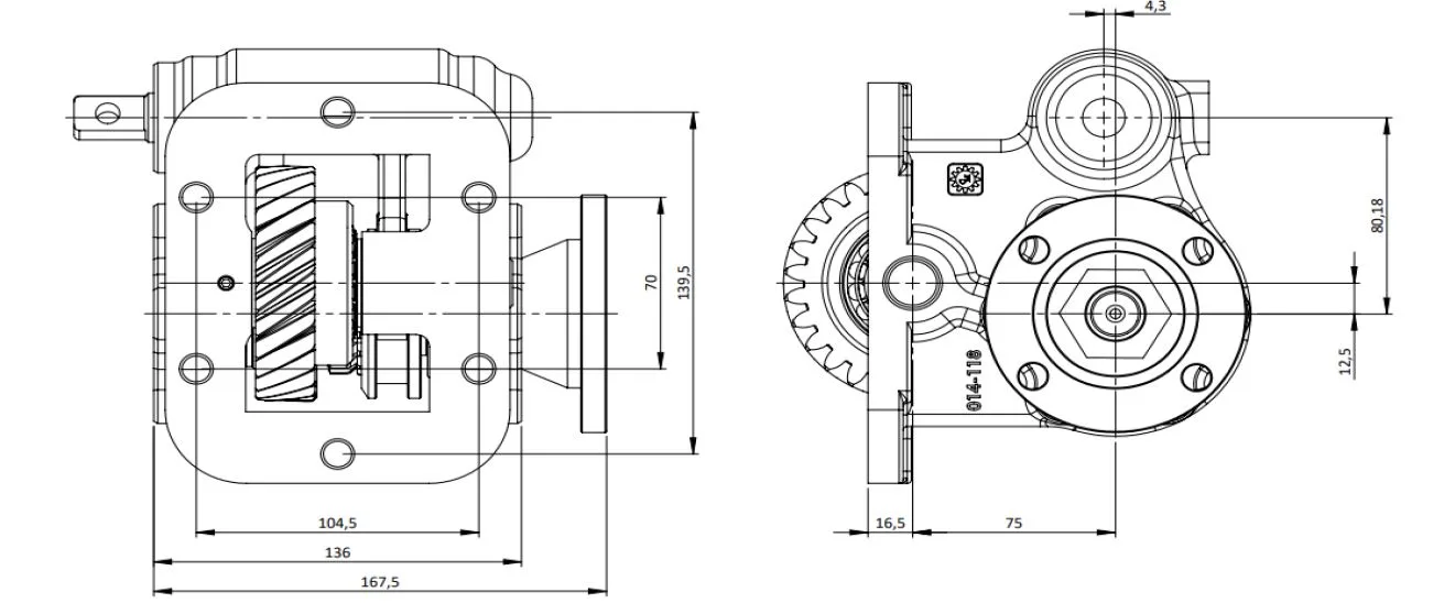 CTM 139 BD PTO teknik çizimi — kesit, ölçü ve montaj şeması