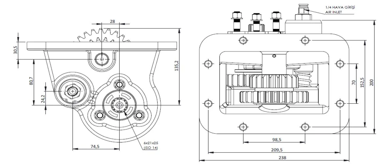 CTM 140 AE PTO teknik çizimi — kesit, ölçü ve montaj şeması