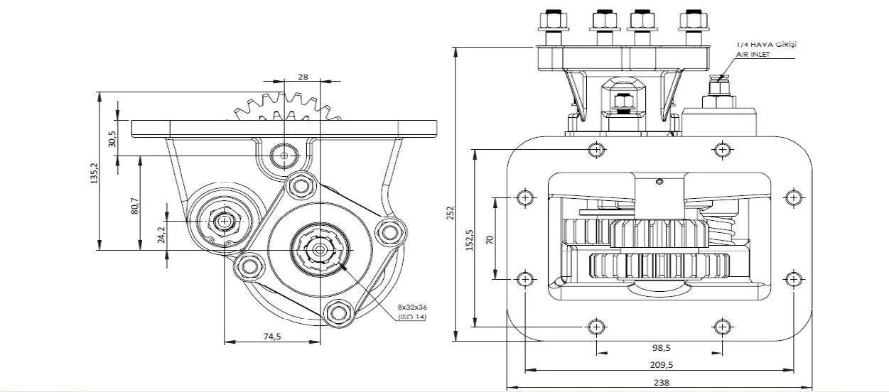 CTM 140 AC1 PTO teknik çizimi — kesit, ölçü ve montaj şeması