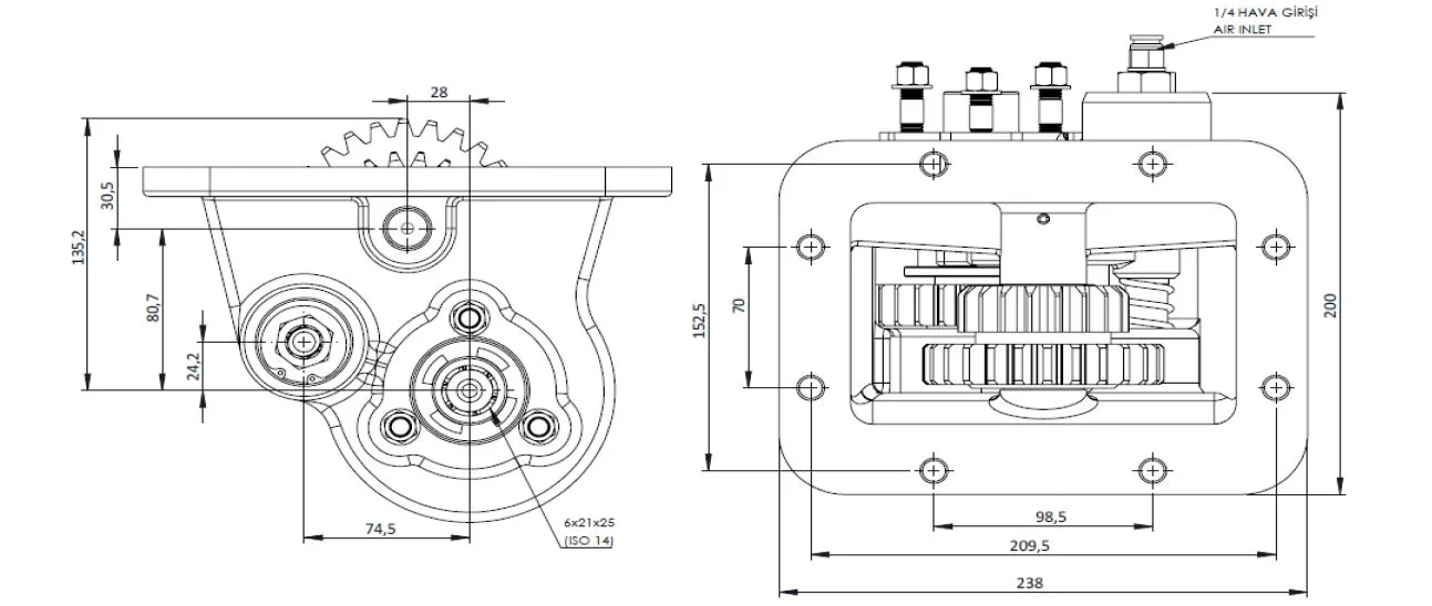 CTM 140 AC2 PTO teknik çizimi — kesit, ölçü ve montaj şeması