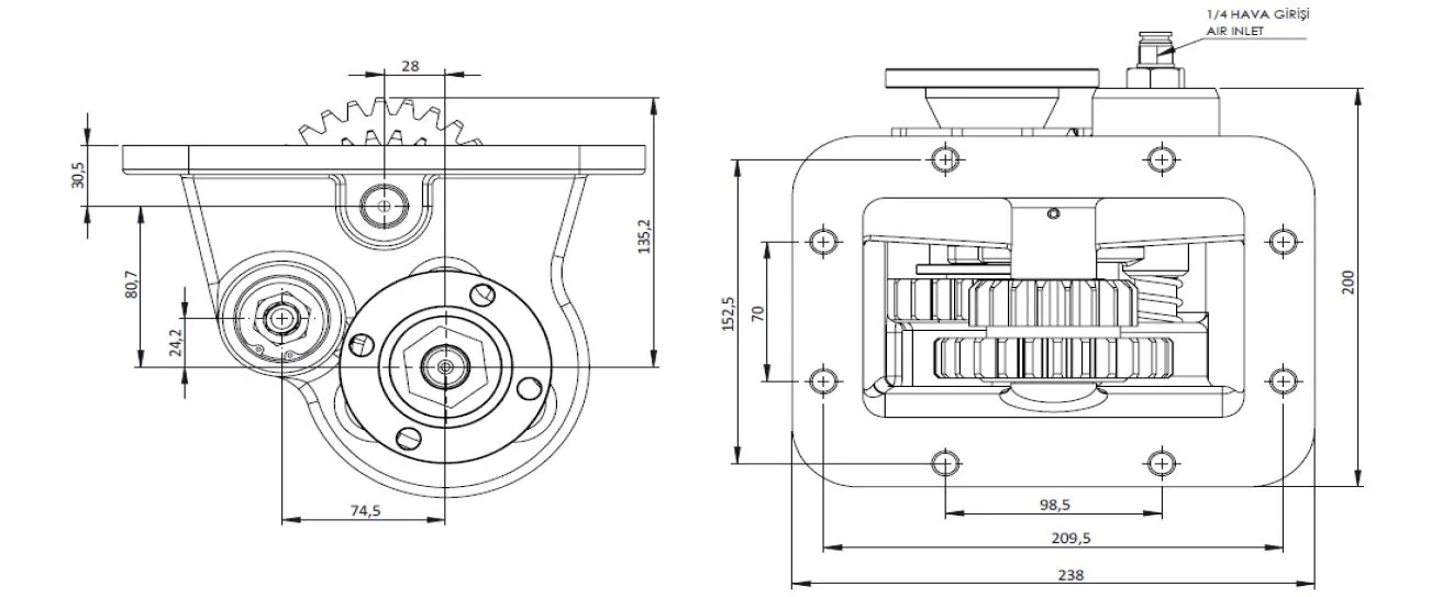 CTM 140 AD1 PTO teknik çizimi — kesit, ölçü ve montaj şeması