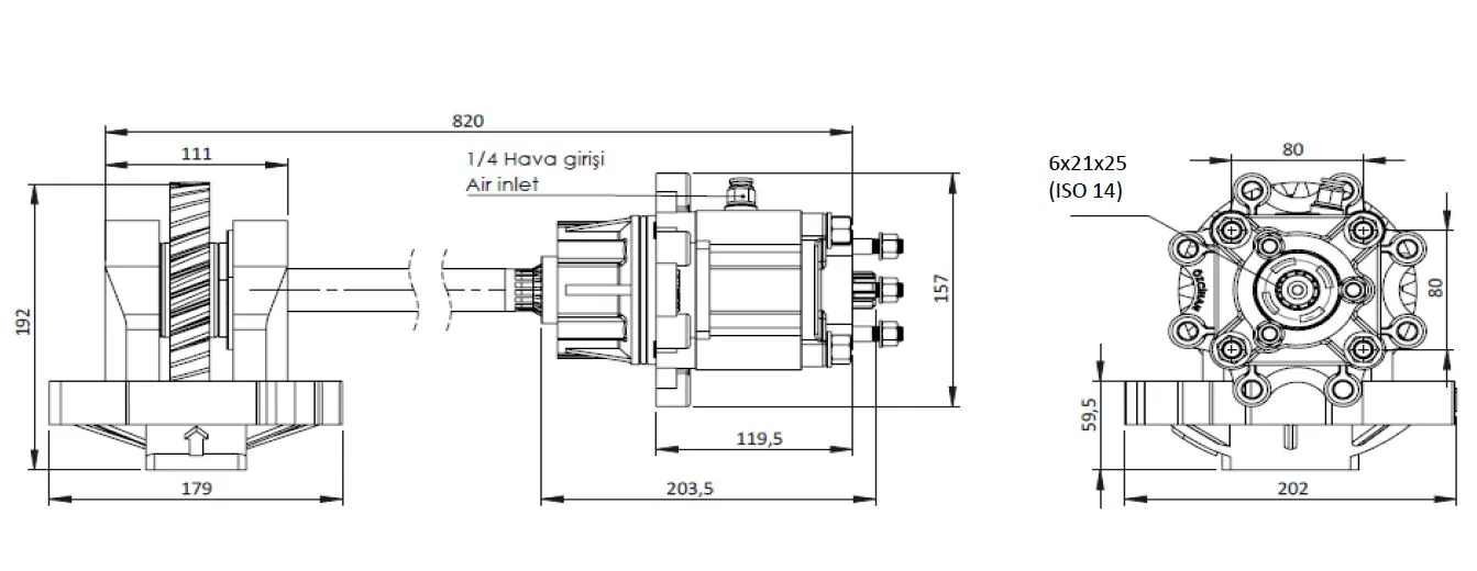 CTM 141 AE PTO teknik çizimi — kesit, ölçü ve montaj şeması