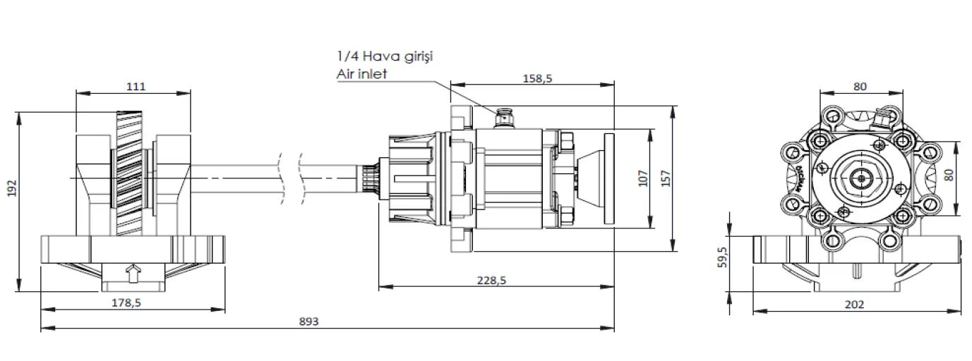 CTM 141 AD PTO teknik çizimi — kesit, ölçü ve montaj şeması