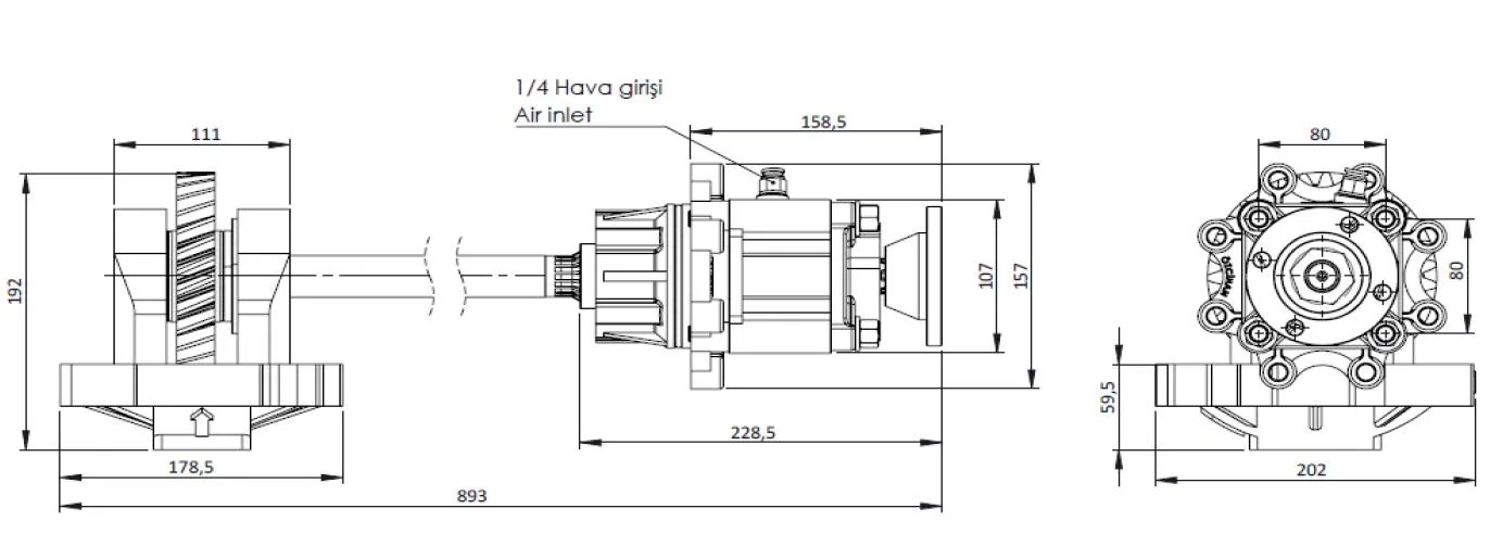 CTM 141 AD1 PTO teknik çizimi — kesit, ölçü ve montaj şeması