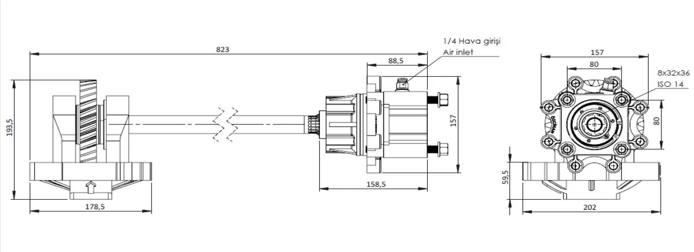 CTM 141 AC1 PTO teknik çizimi — kesit, ölçü ve montaj şeması