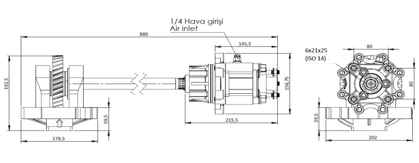 CTM 141 AC2 PTO teknik çizimi — kesit, ölçü ve montaj şeması