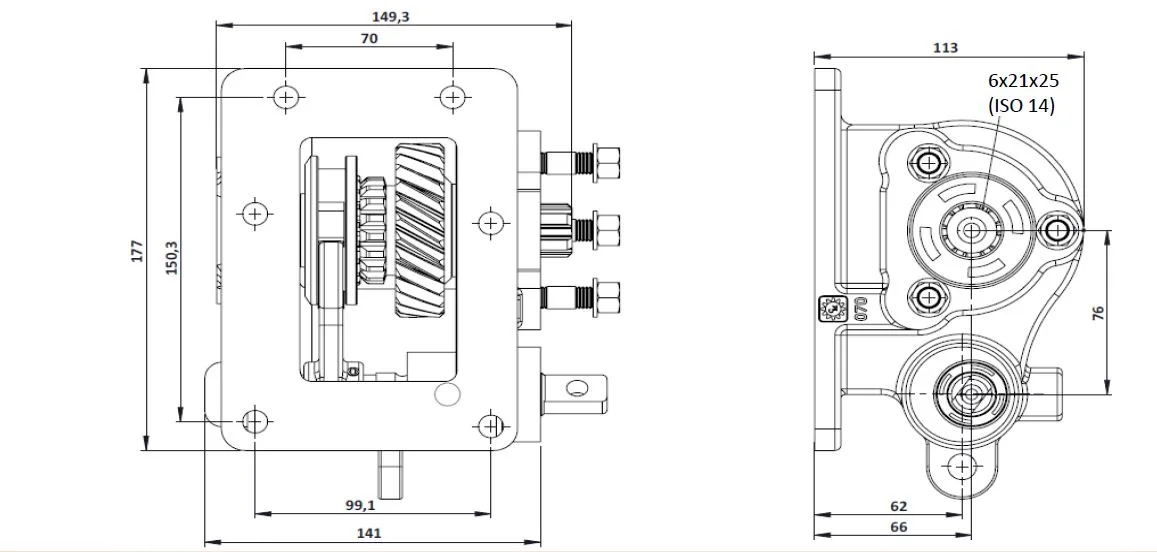 CTM 142 BE PTO teknik çizimi — kesit, ölçü ve montaj şeması