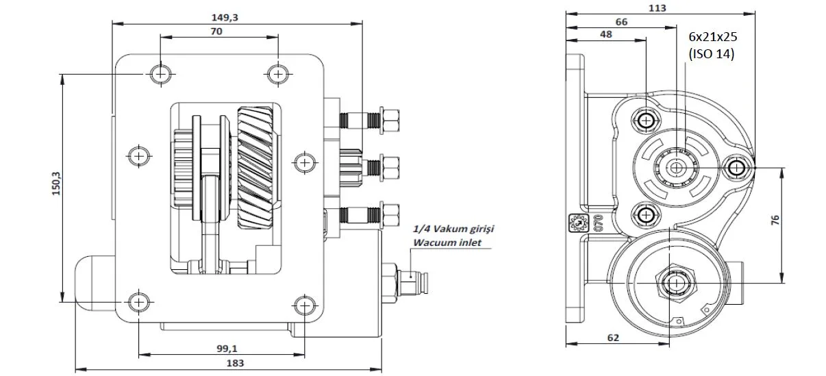 CTM 142 BE KV PTO teknik çizimi — kesit, ölçü ve montaj şeması
