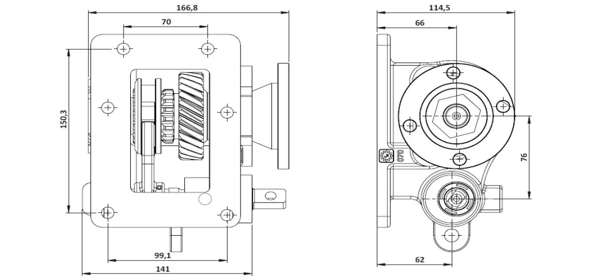 CTM 142 BD PTO teknik çizimi — kesit, ölçü ve montaj şeması