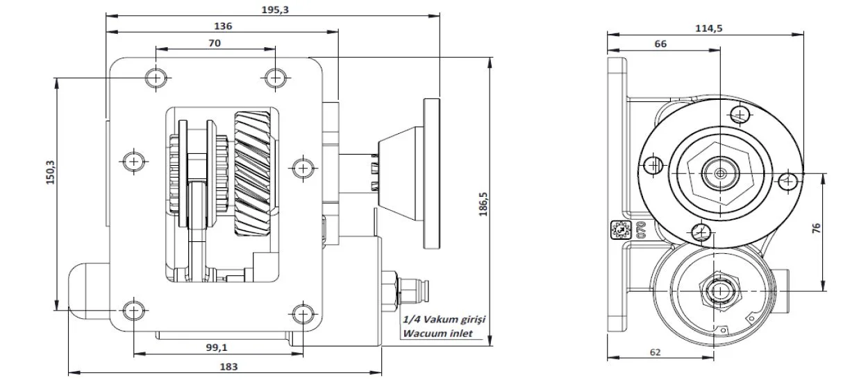 CTM 142 BD KV PTO teknik çizimi — kesit, ölçü ve montaj şeması