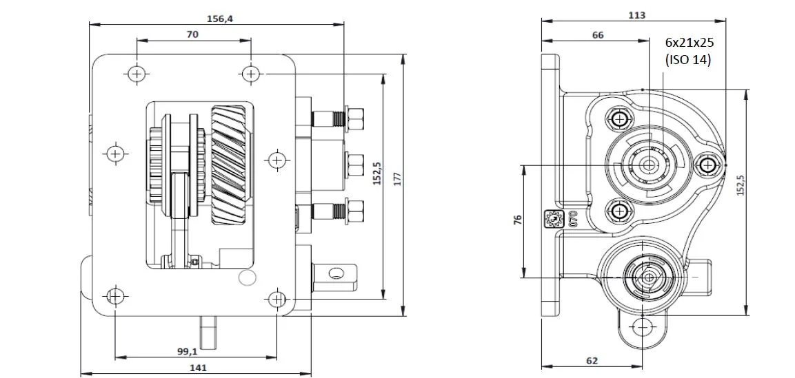 CTM 142 BC2 PTO teknik çizimi — kesit, ölçü ve montaj şeması