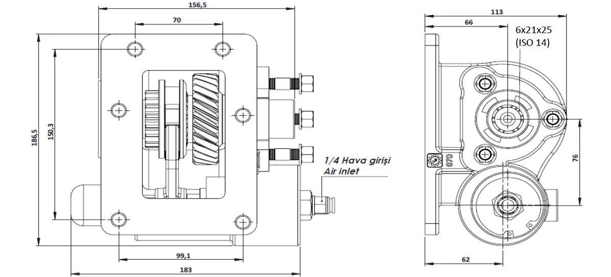 CTM 142 BC2 KV PTO teknik çizimi — kesit, ölçü ve montaj şeması