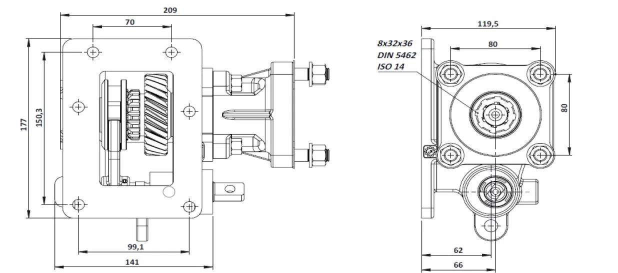 CTM 142 BC1 PTO teknik çizimi — kesit, ölçü ve montaj şeması