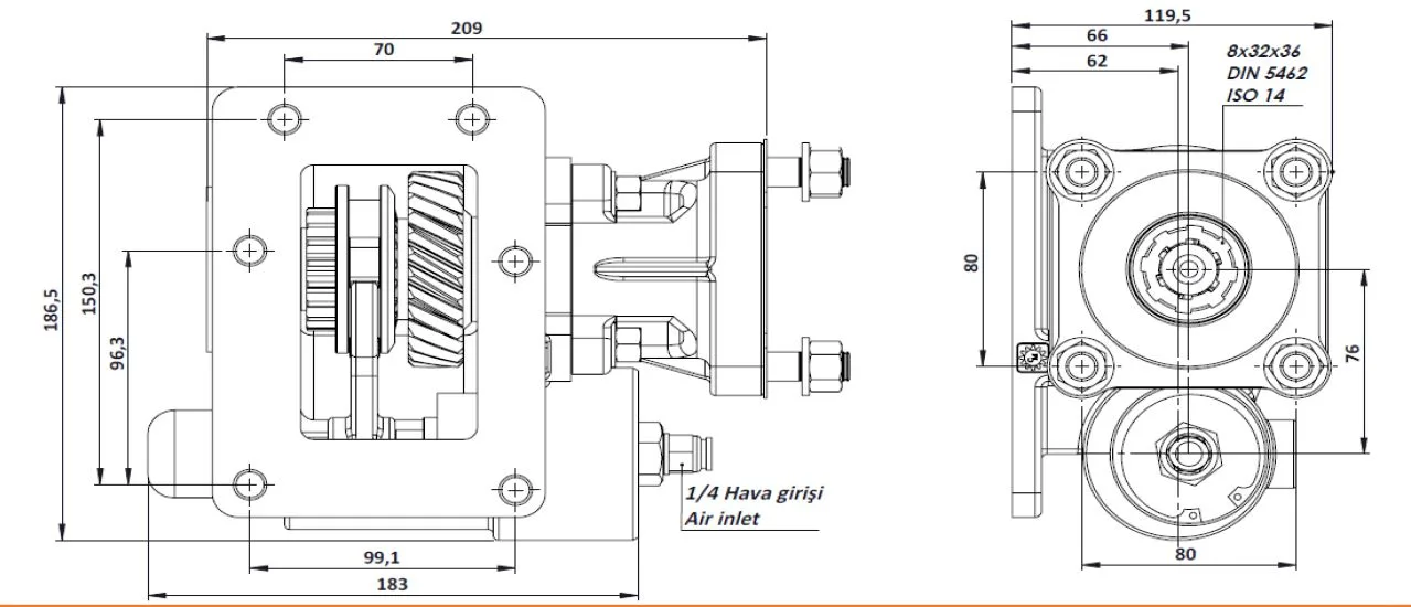 CTM 142 BC1 KV PTO teknik çizimi — kesit, ölçü ve montaj şeması