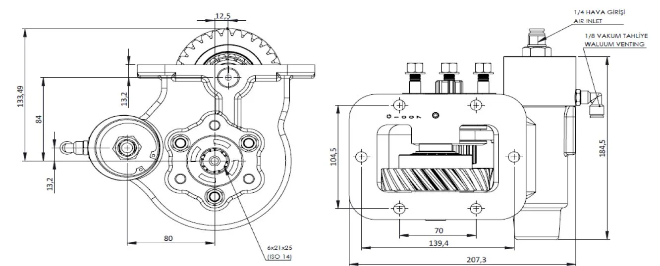 CTM 150 BE KV PTO teknik çizimi — kesit, ölçü ve montaj şeması