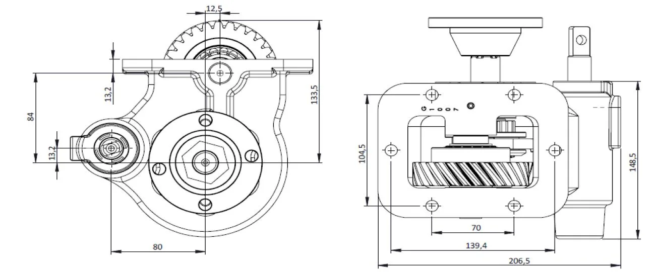 CTM 150 BD PTO teknik çizimi — kesit, ölçü ve montaj şeması