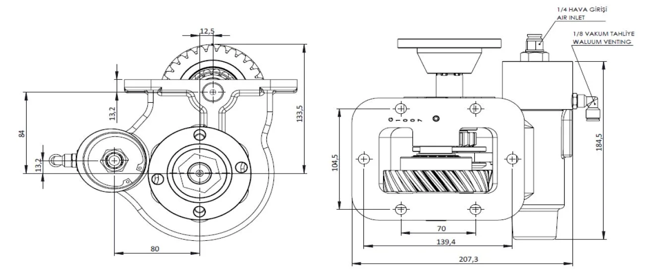 CTM 150 BD KV PTO teknik çizimi — kesit, ölçü ve montaj şeması