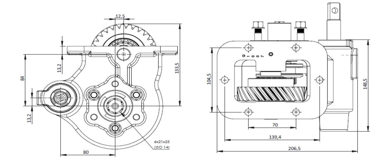 CTM 150 BC2 PTO teknik çizimi — kesit, ölçü ve montaj şeması