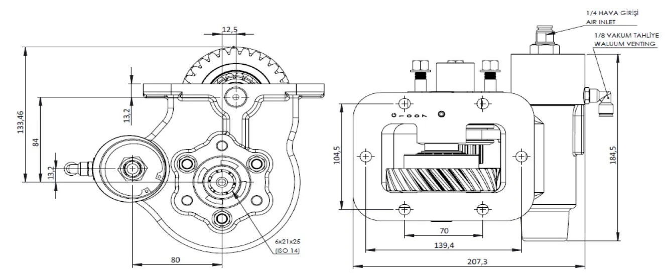 CTM 150 BC2 KV PTO teknik çizimi — kesit, ölçü ve montaj şeması