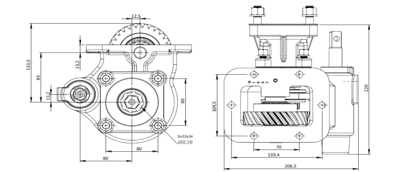 CTM 150 BC1 PTO teknik çizimi — kesit, ölçü ve montaj şeması