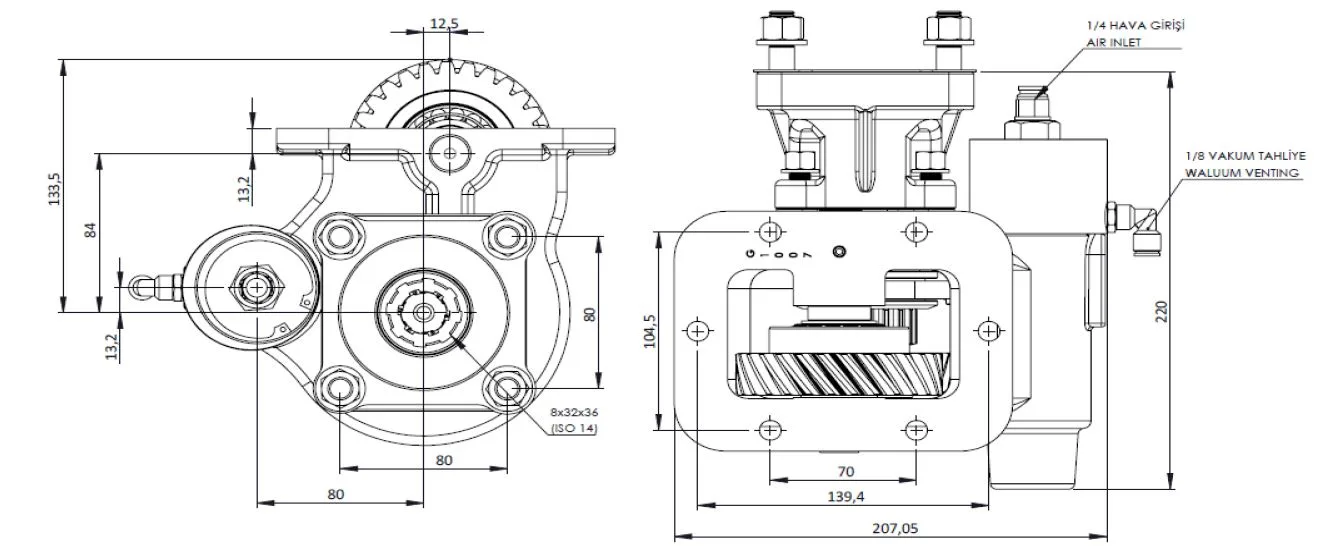 CTM 150 BC1 KV PTO teknik çizimi — kesit, ölçü ve montaj şeması