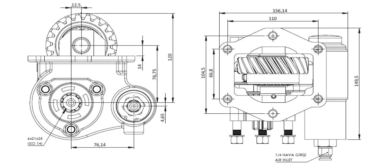 CTM 151 AE PTO teknik çizimi — kesit, ölçü ve montaj şeması
