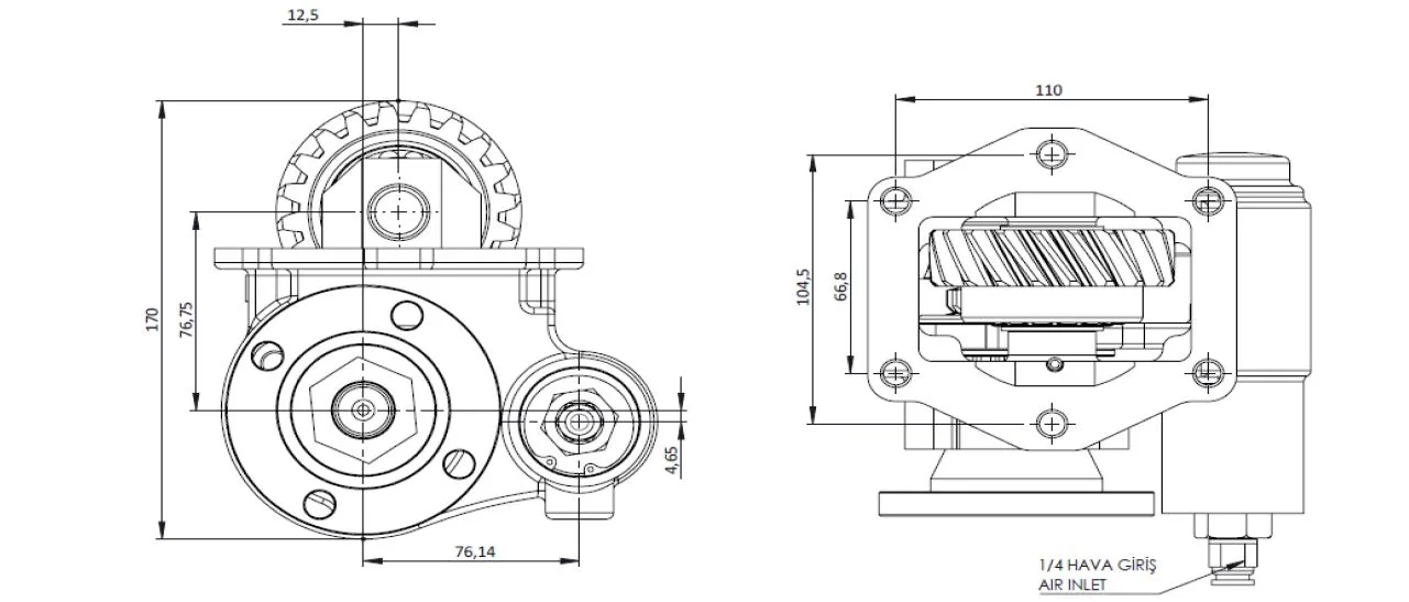 CTM 151 AD PTO teknik çizimi — kesit, ölçü ve montaj şeması