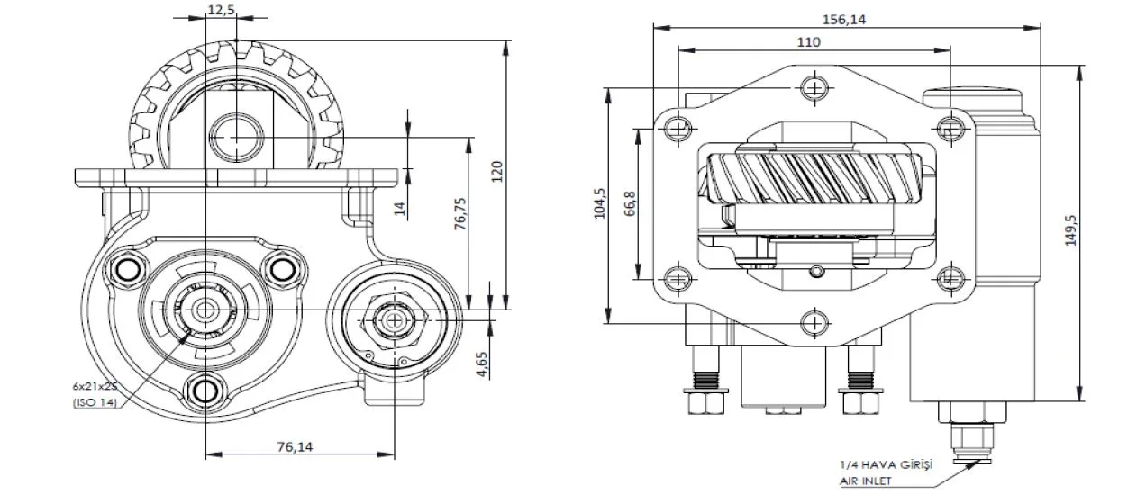 CTM 151 AC2 PTO teknik çizimi — kesit, ölçü ve montaj şeması