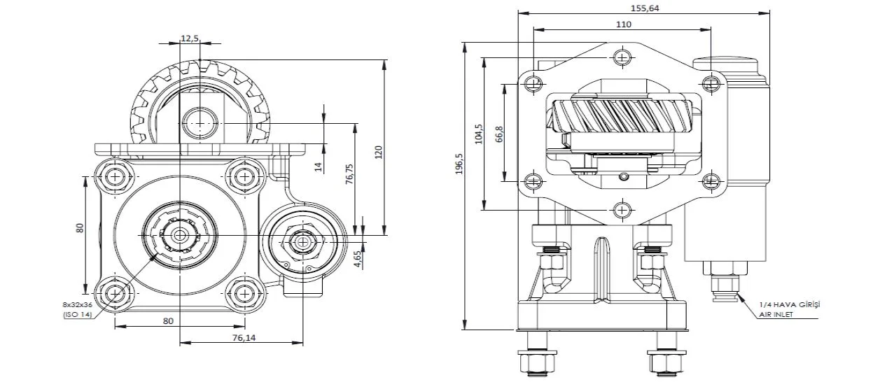 CTM 151 AC1 PTO teknik çizimi — kesit, ölçü ve montaj şeması