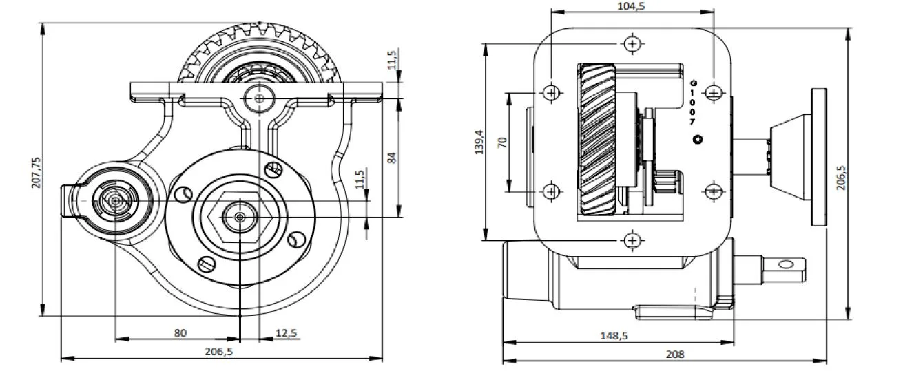 CTM 152 BD PTO teknik çizimi — kesit, ölçü ve montaj şeması