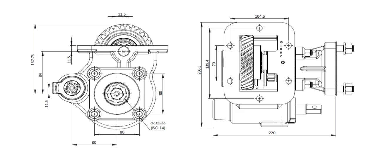 CTM 152 BC1 PTO teknik çizimi — kesit, ölçü ve montaj şeması