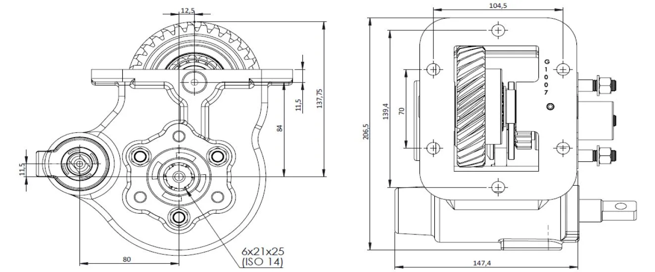 CTM 152 BC2 PTO teknik çizimi — kesit, ölçü ve montaj şeması