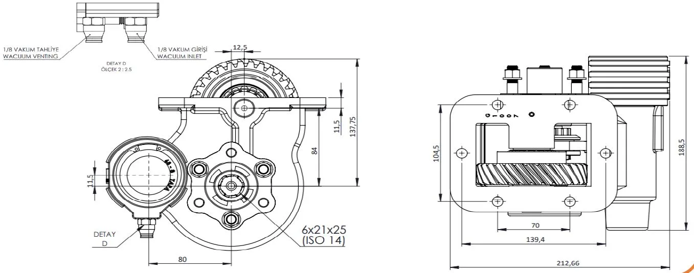 CTM 152 BC2 KV PTO teknik çizimi — kesit, ölçü ve montaj şeması