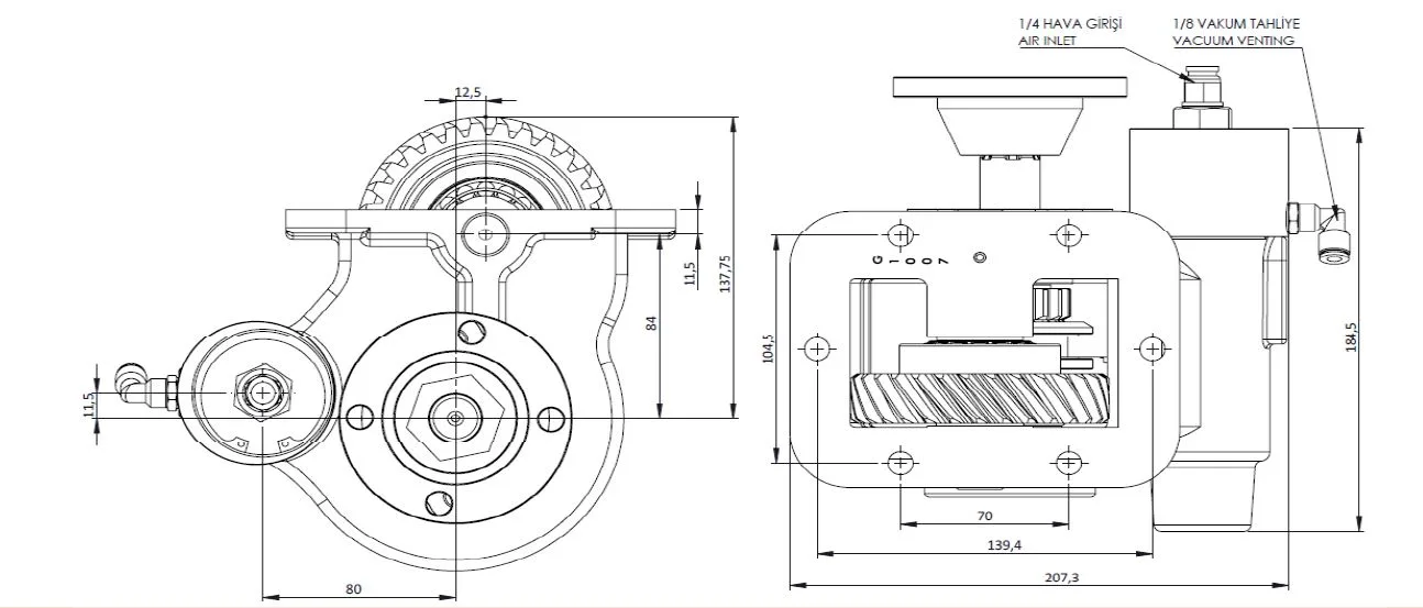 CTM 152 BD KV PTO teknik çizimi — kesit, ölçü ve montaj şeması
