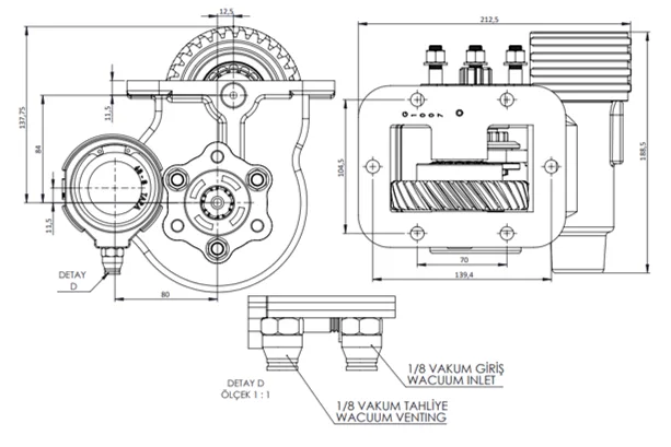 CTM 152 BE KV PTO teknik çizimi — kesit, ölçü ve montaj şeması