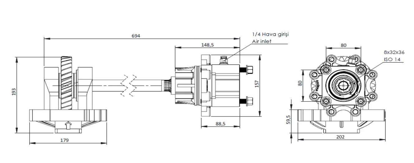 CTM 154 AC1 PTO teknik çizimi — kesit, ölçü ve montaj şeması