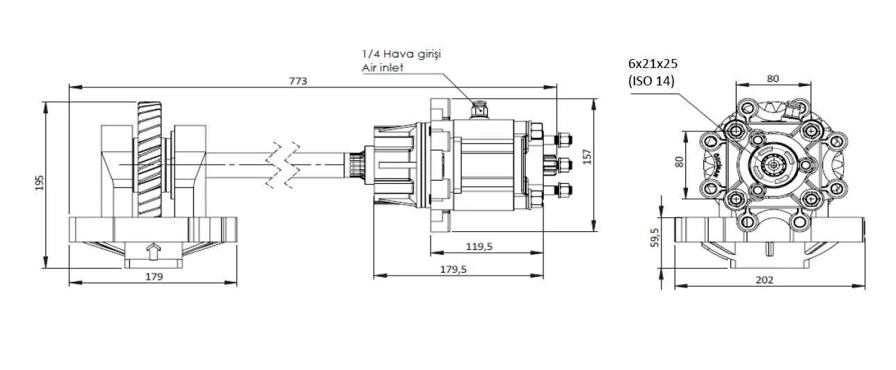 CTM 154 AE PTO teknik çizimi — kesit, ölçü ve montaj şeması