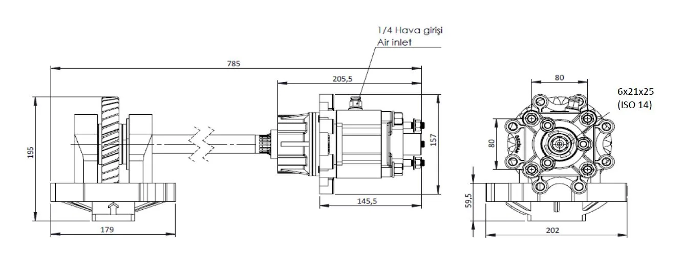CTM 154 AC2 PTO teknik çizimi — kesit, ölçü ve montaj şeması