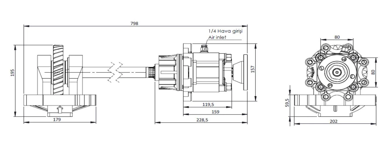 CTM 154 AD PTO teknik çizimi — kesit, ölçü ve montaj şeması