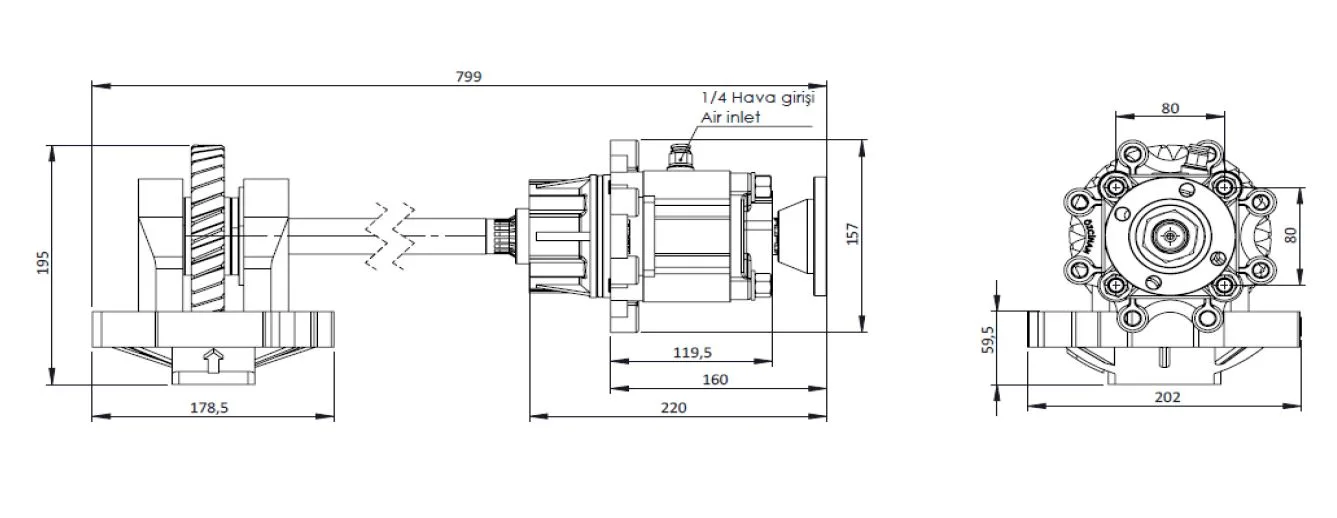 CTM 154 AD1 PTO teknik çizimi — kesit, ölçü ve montaj şeması