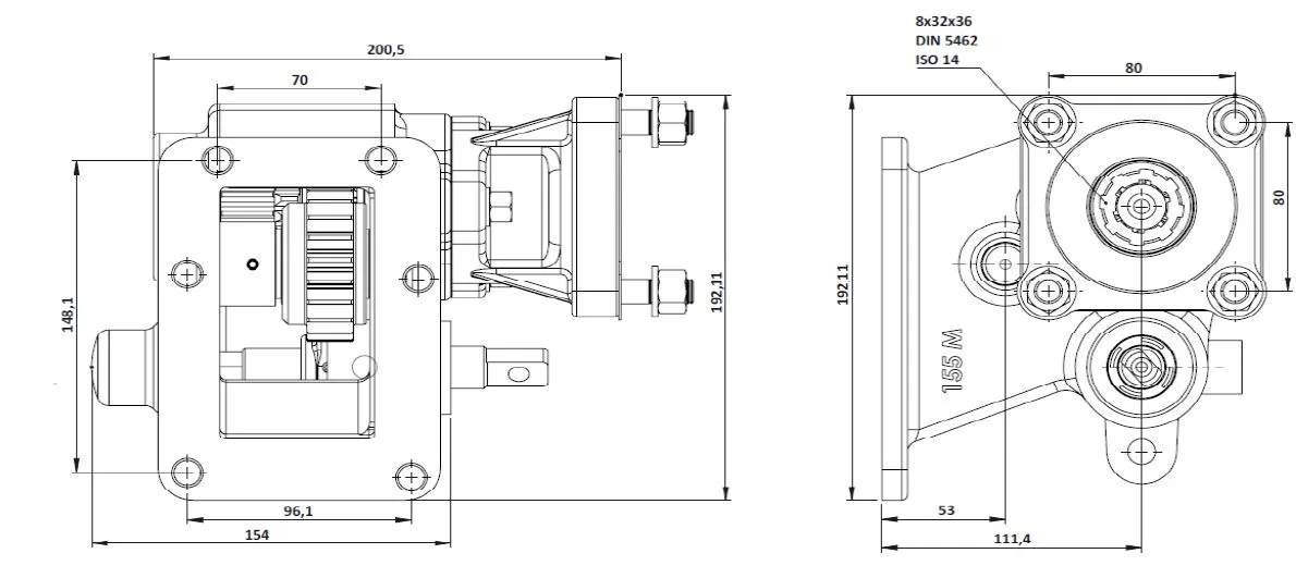 CTM 155 BC1 PTO teknik çizimi — kesit, ölçü ve montaj şeması