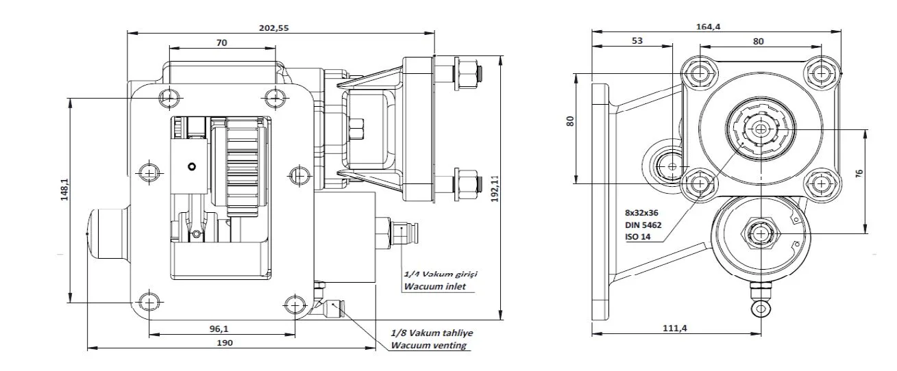 CTM 155 BC1 KV PTO teknik çizimi — kesit, ölçü ve montaj şeması