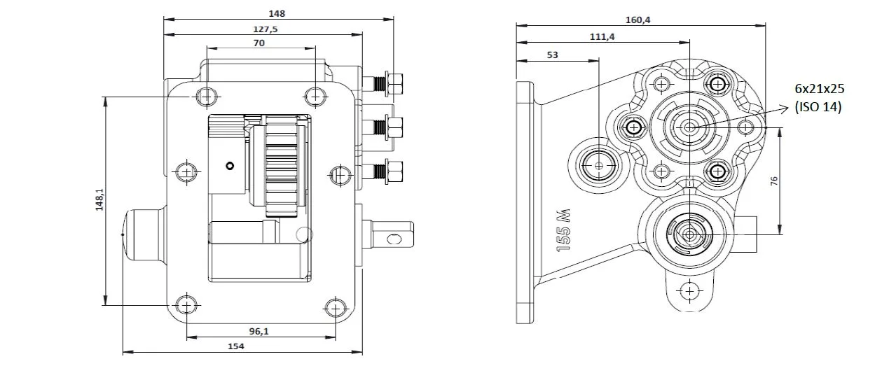 CTM 155 BC2 PTO teknik çizimi — kesit, ölçü ve montaj şeması