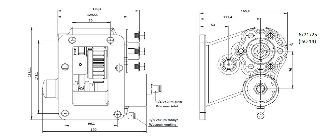 CTM 155 BC2 KV PTO teknik çizimi — kesit, ölçü ve montaj şeması