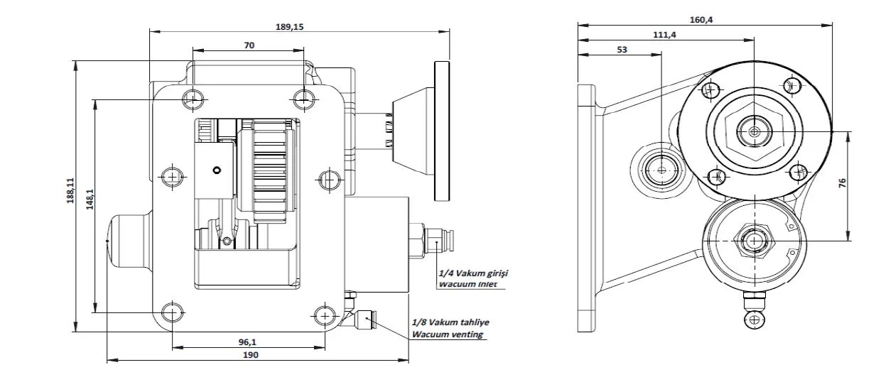 CTM 155 BD KV PTO teknik çizimi — kesit, ölçü ve montaj şeması