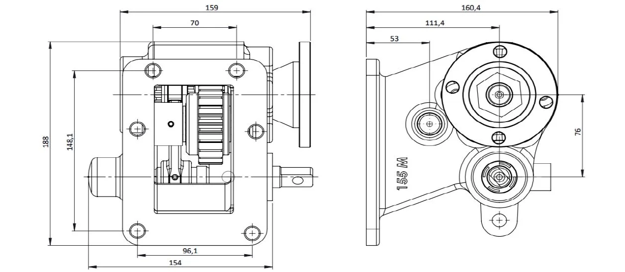 CTM 155 BD PTO teknik çizimi — kesit, ölçü ve montaj şeması