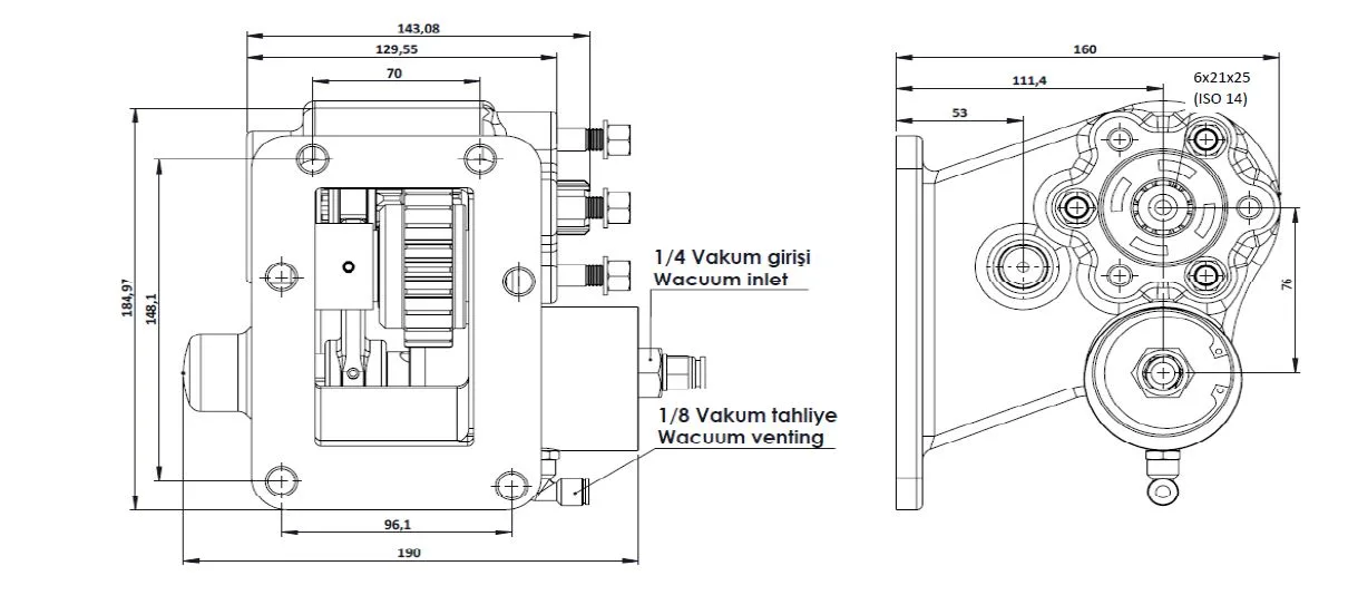 CTM 155 BE KV PTO teknik çizimi — kesit, ölçü ve montaj şeması
